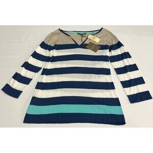 Tommy Bahama Light Sweater Womens M Blue White Stripe 3/4 Sleeve V Neck Nautical